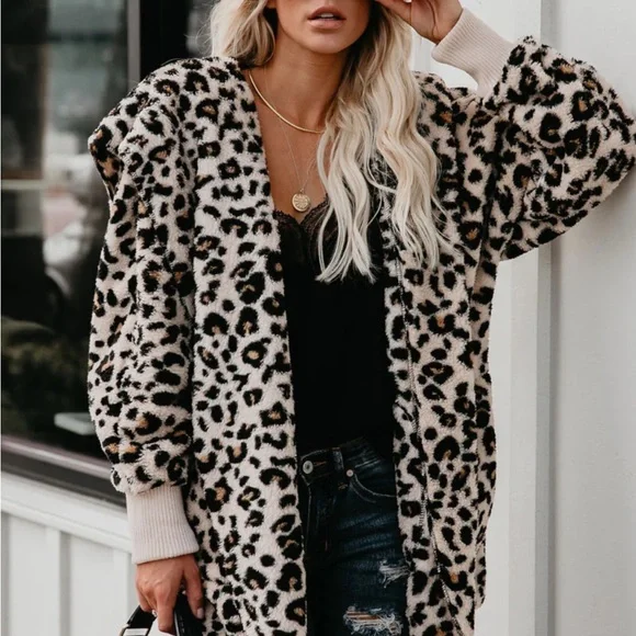 Women Leopard hooded jacket plush warm fuzzy jacket - Picture 1 of 7